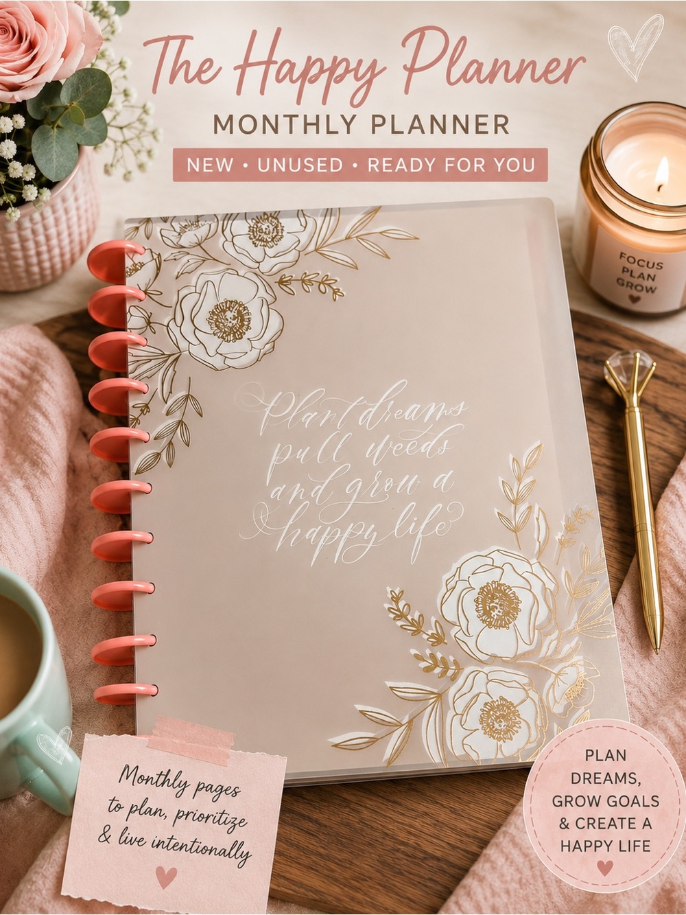 The Happy Planner Blush Pink & Gold Floral Monthly Planner